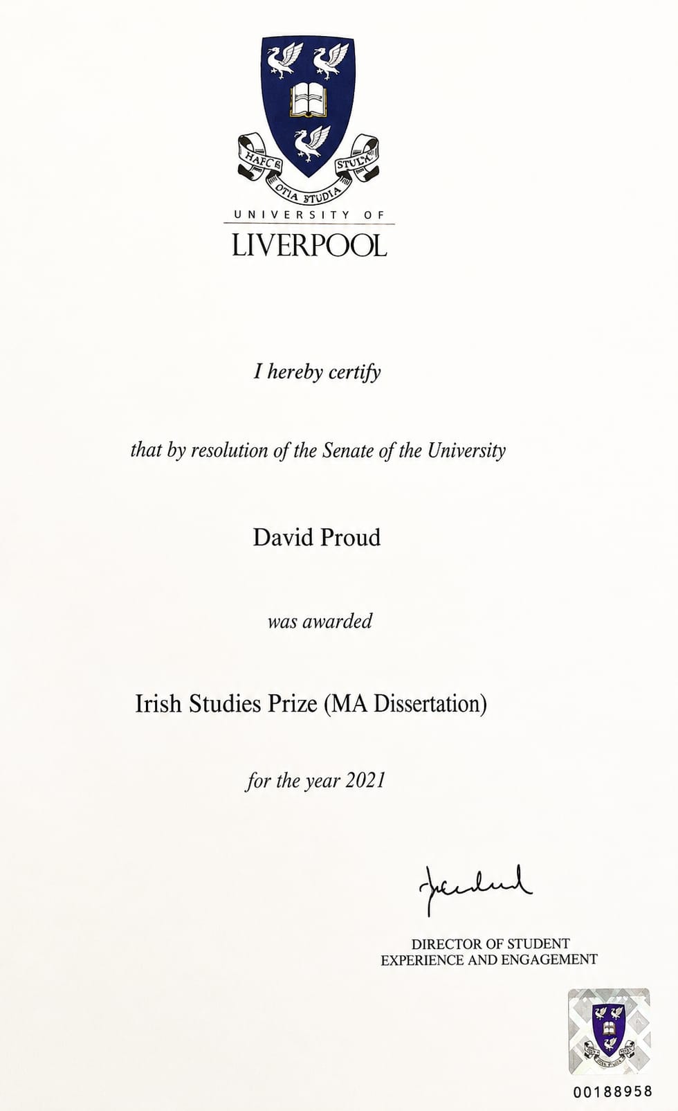 Winner of the Irish Studies Prize, University of Liverpool, 2021.